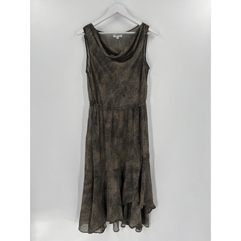 Vintage Sophia Christina Dress Womens 12 Brown Black Cheetah Print Ruffle Cowl